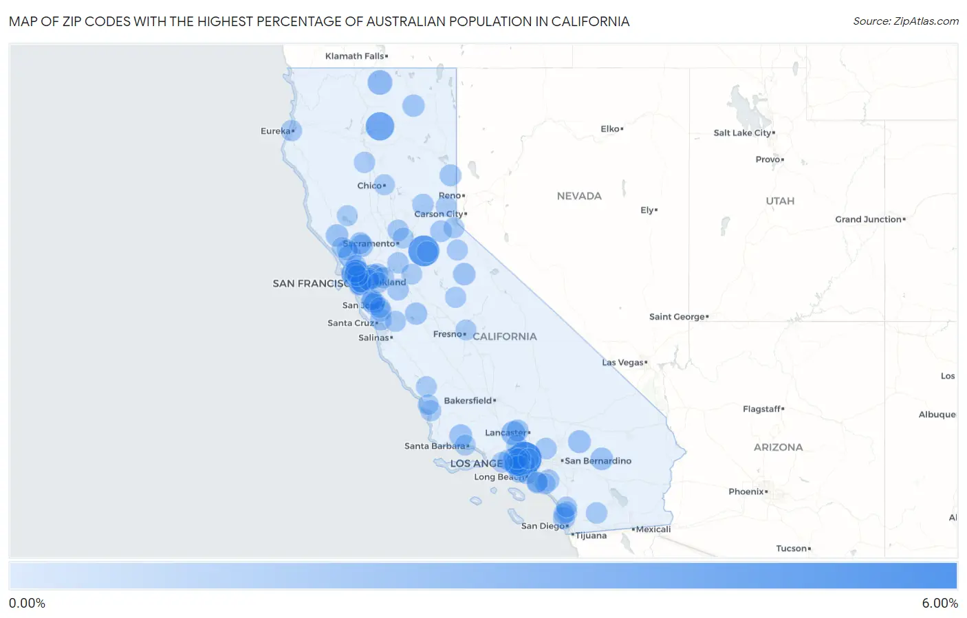 Zip Codes with the Highest Percentage of Australian Population in California Map