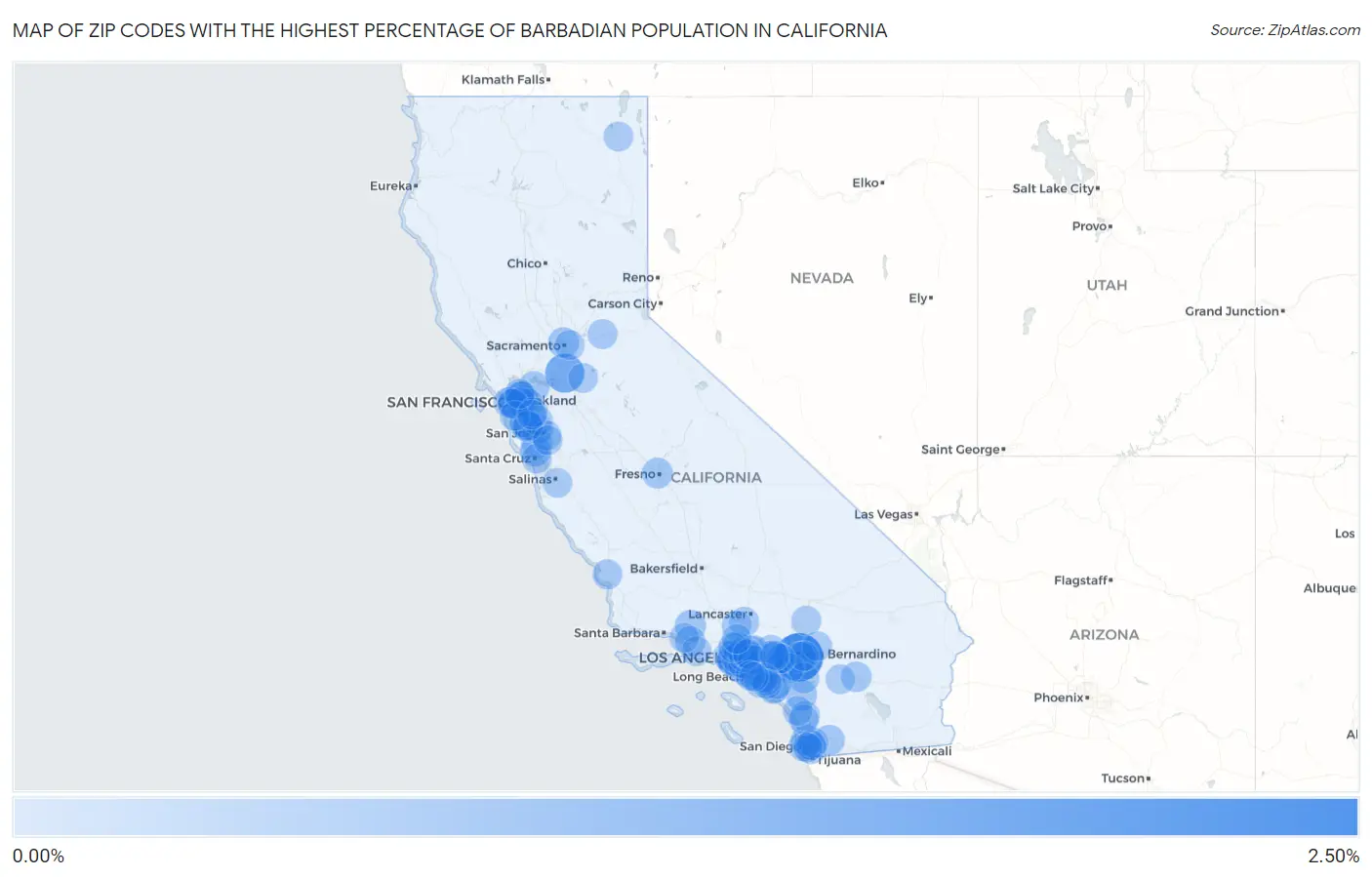 Zip Codes with the Highest Percentage of Barbadian Population in California Map