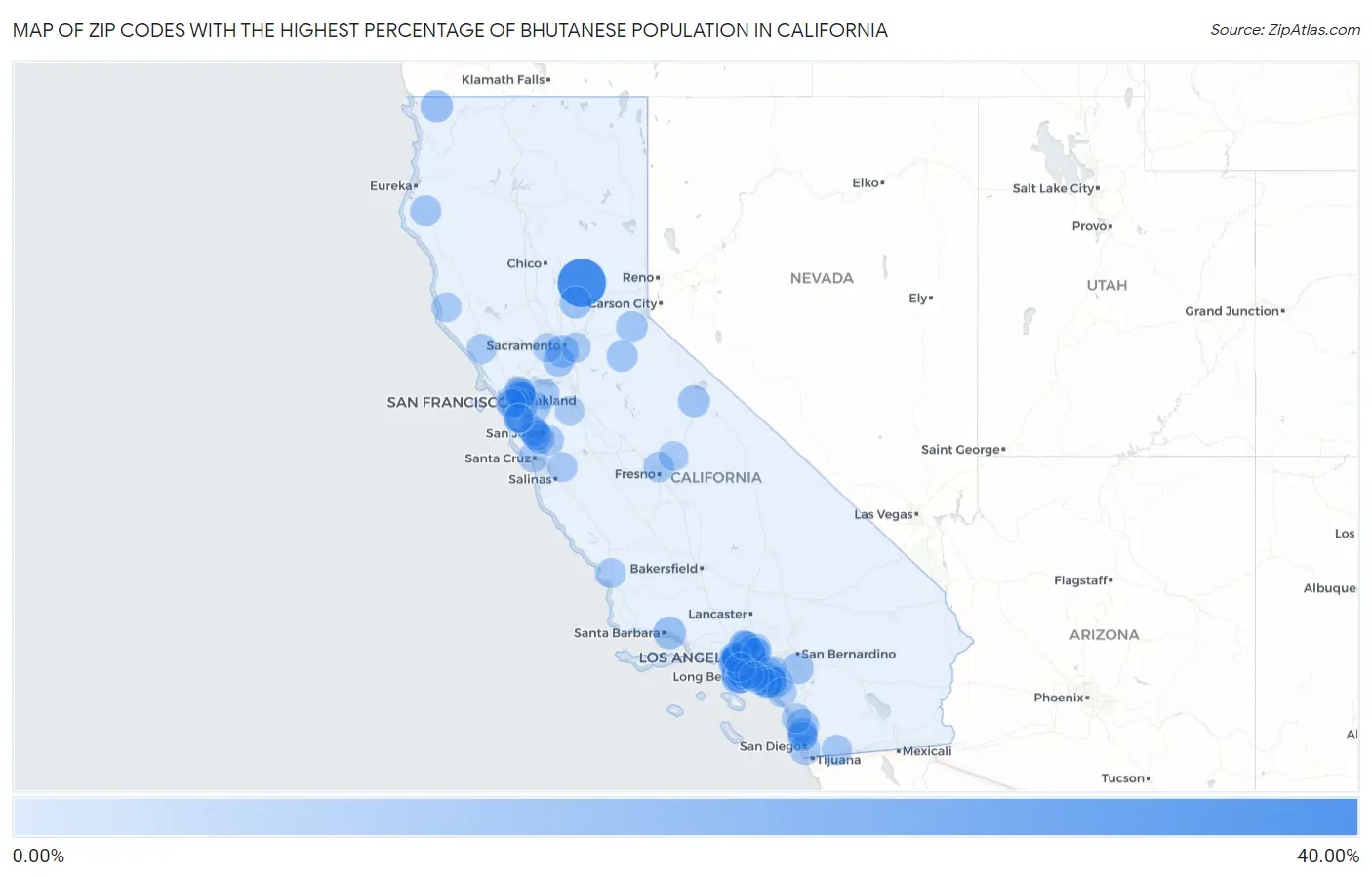 Zip Codes with the Highest Percentage of Bhutanese Population in California Map