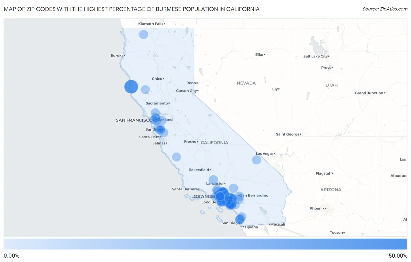 Zip Codes with the Highest Percentage of Burmese Population in California Map
