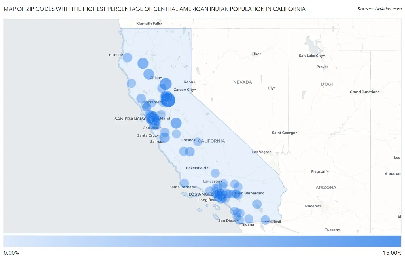 Zip Codes with the Highest Percentage of Central American Indian Population in California Map
