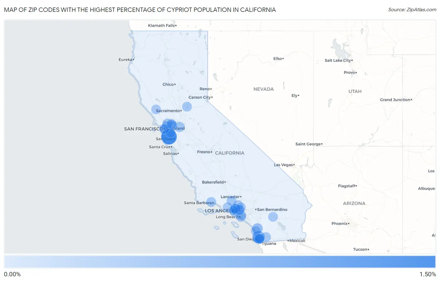 Zip Codes with the Highest Percentage of Cypriot Population in California Map