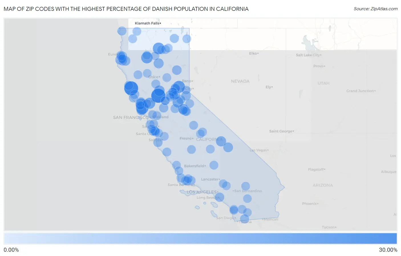 Zip Codes with the Highest Percentage of Danish Population in California Map