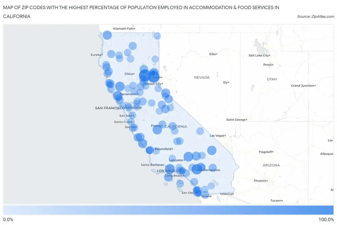 Zip Codes with the Highest Percentage of Population Employed in Accommodation & Food Services in California Map