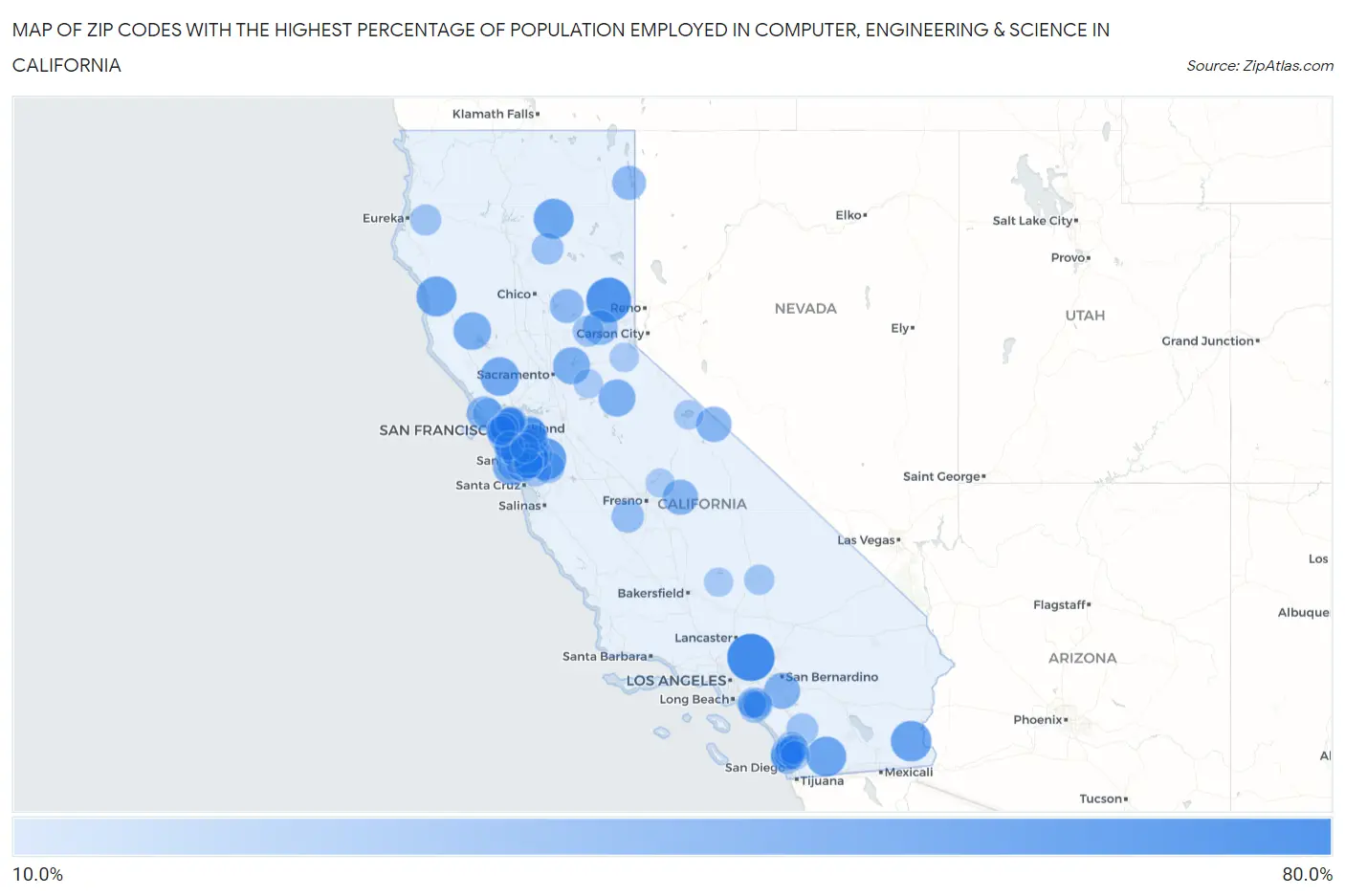 Zip Codes with the Highest Percentage of Population Employed in Computer, Engineering & Science in California Map