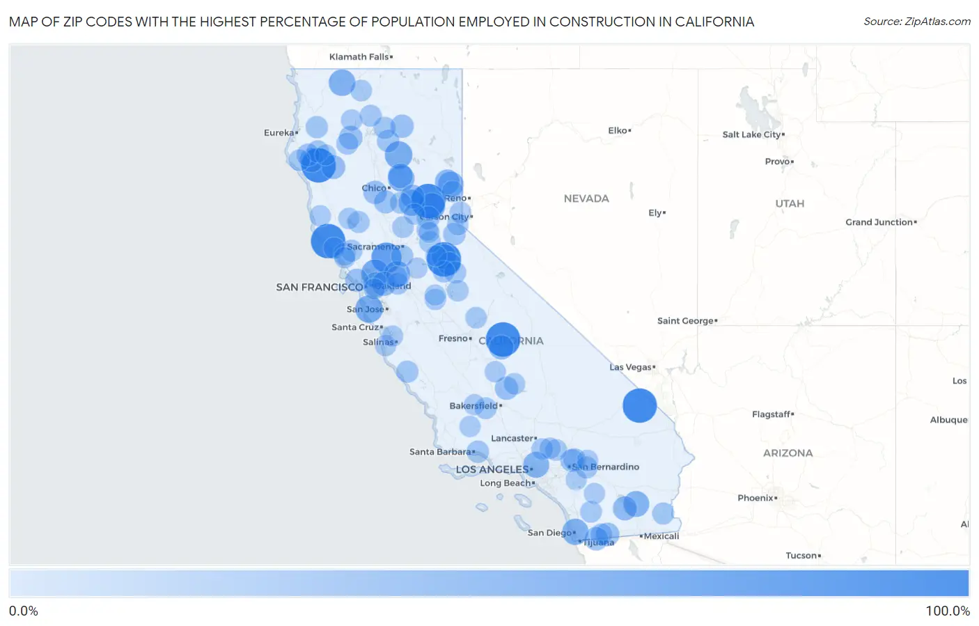 Zip Codes with the Highest Percentage of Population Employed in Construction in California Map