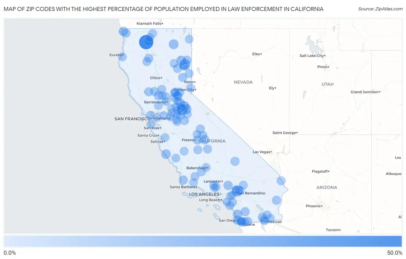 Zip Codes with the Highest Percentage of Population Employed in Law Enforcement in California Map