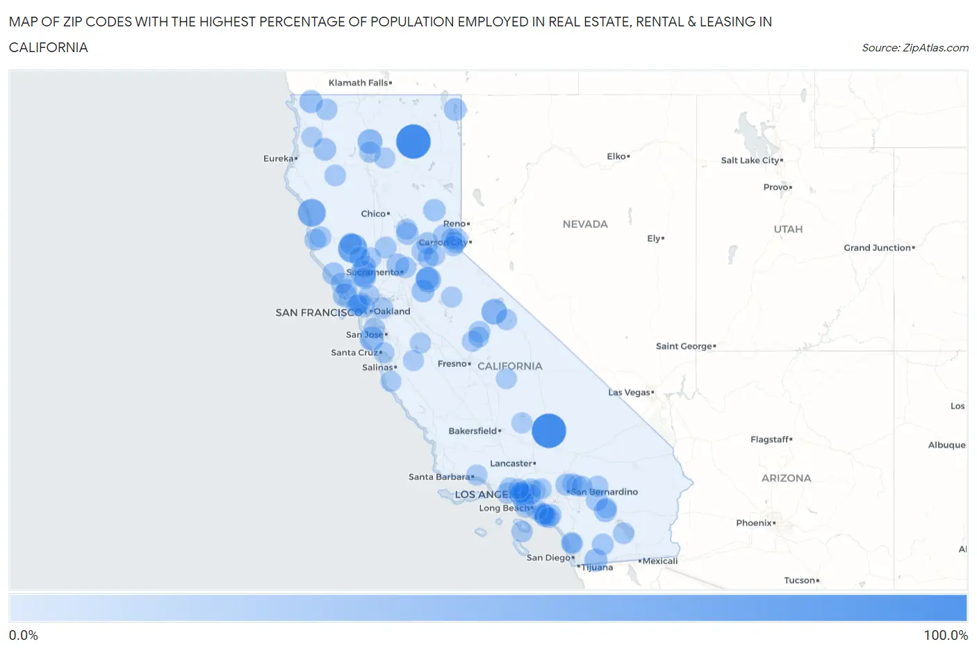 Zip Codes with the Highest Percentage of Population Employed in Real Estate, Rental & Leasing in California Map