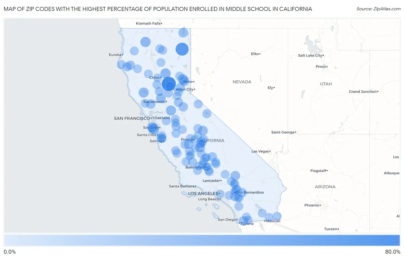 Zip Codes with the Highest Percentage of Population Enrolled in Middle School in California Map