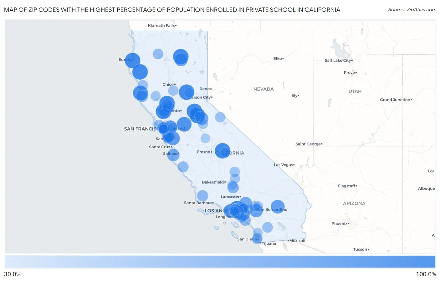 Zip Codes with the Highest Percentage of Population Enrolled in Private School in California Map