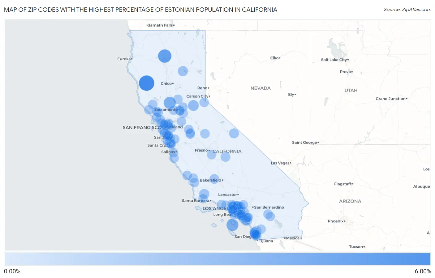Zip Codes with the Highest Percentage of Estonian Population in California Map