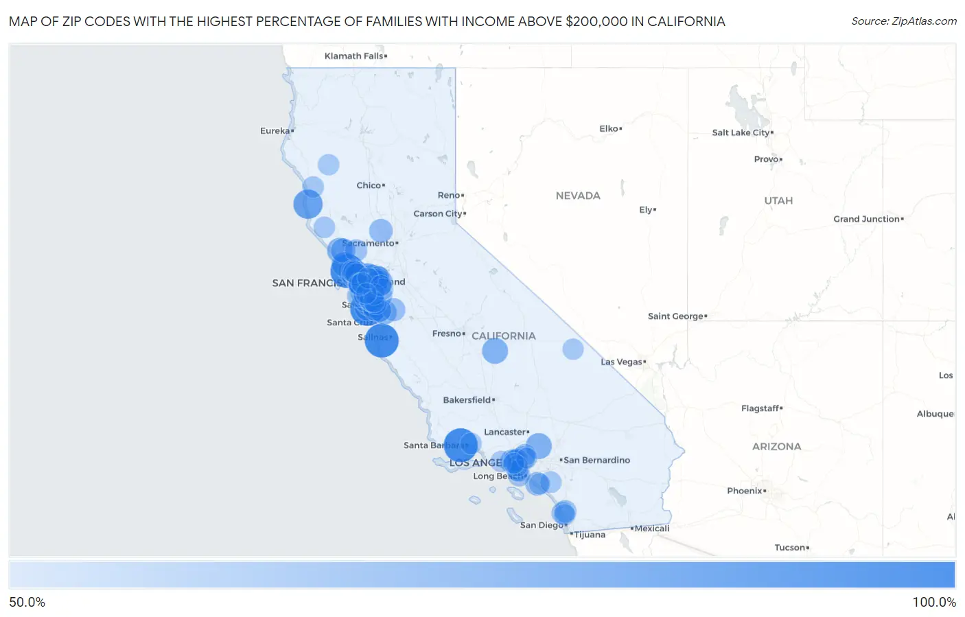 Zip Codes with the Highest Percentage of Families with Income Above $200,000 in California Map