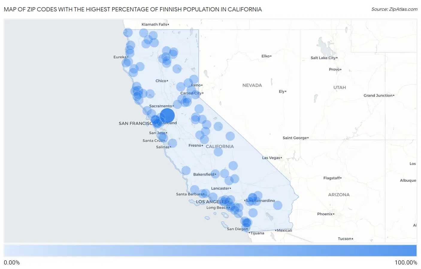 Zip Codes with the Highest Percentage of Finnish Population in California Map