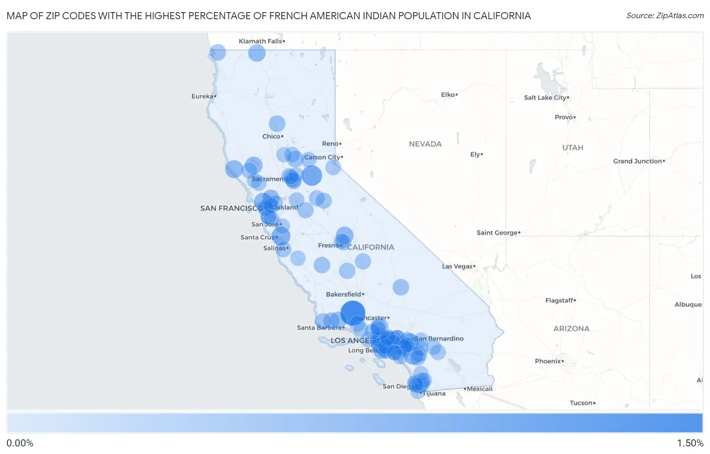 Zip Codes with the Highest Percentage of French American Indian Population in California Map