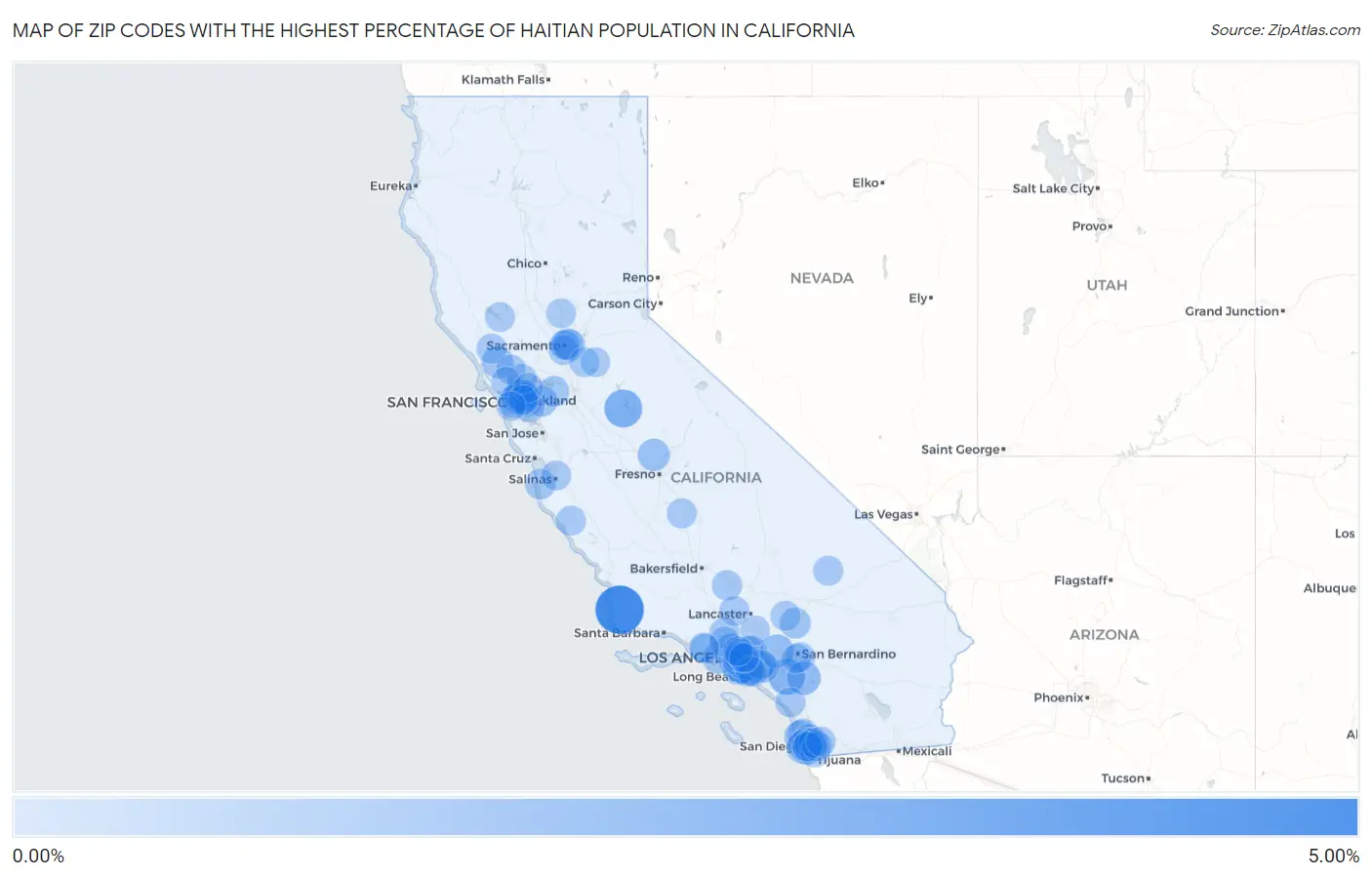 Zip Codes with the Highest Percentage of Haitian Population in California Map