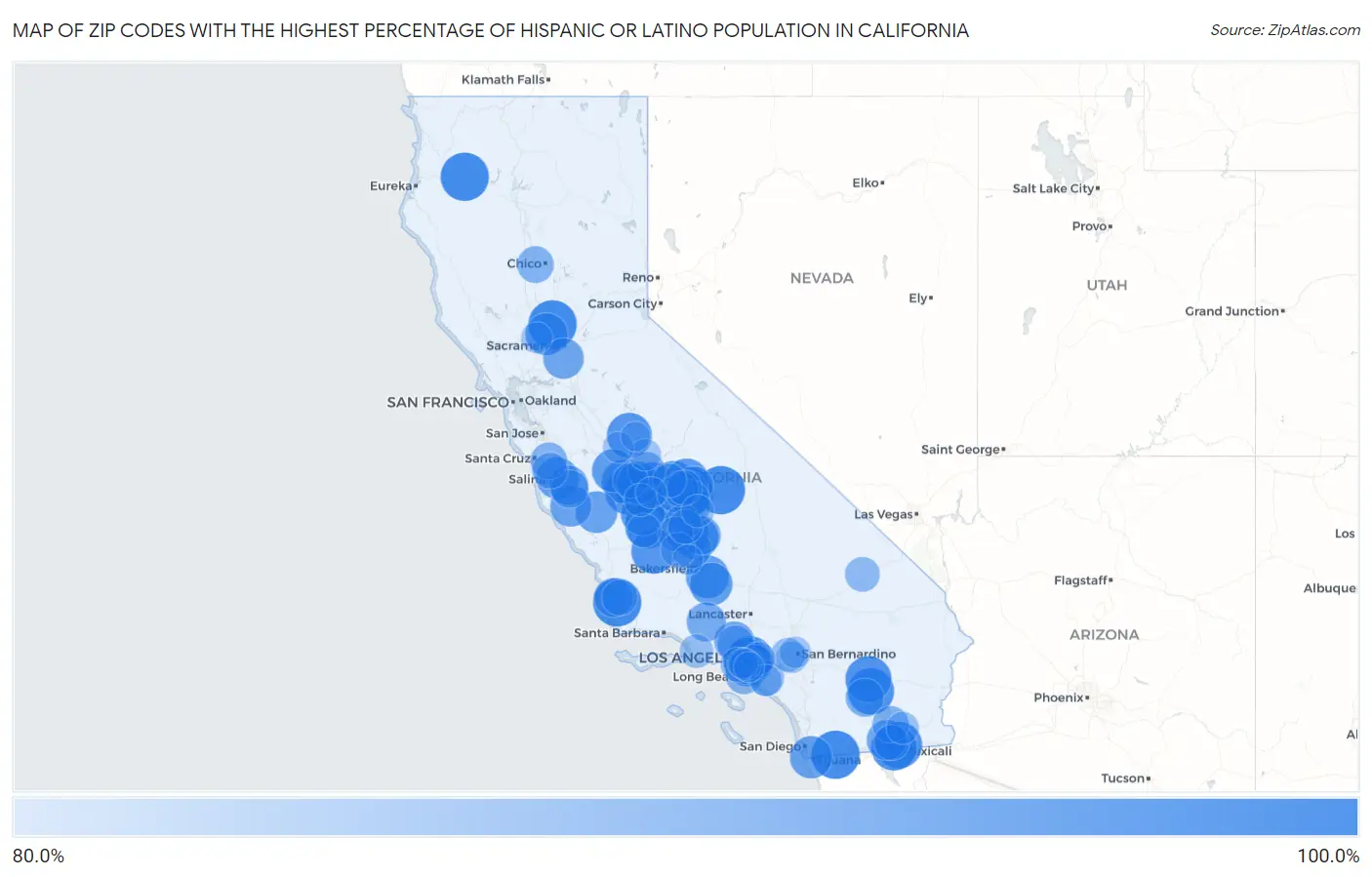 Zip Codes with the Highest Percentage of Hispanic or Latino Population in California Map