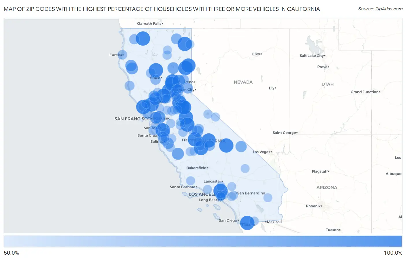 Zip Codes with the Highest Percentage of Households With Three or more Vehicles in California Map
