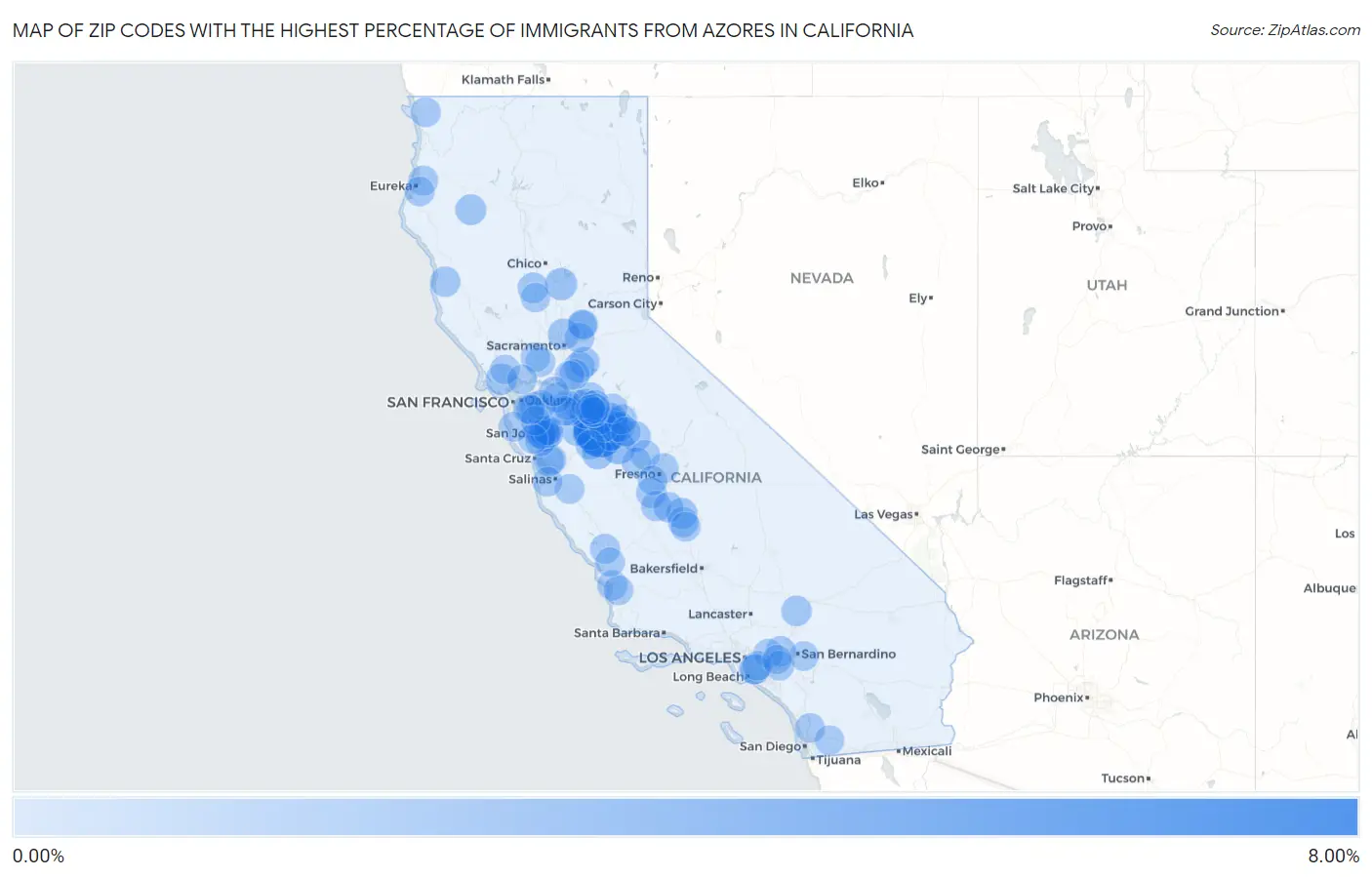 Zip Codes with the Highest Percentage of Immigrants from Azores in California Map