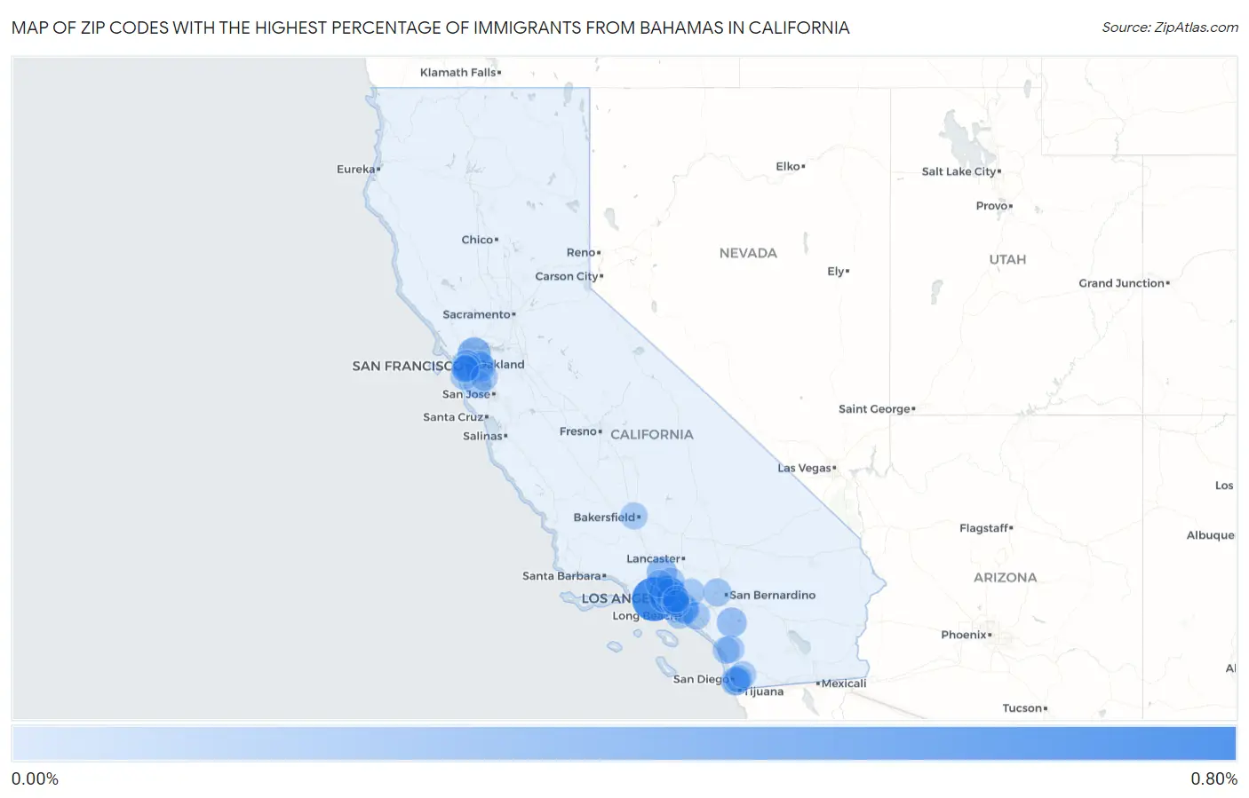 Zip Codes with the Highest Percentage of Immigrants from Bahamas in California Map