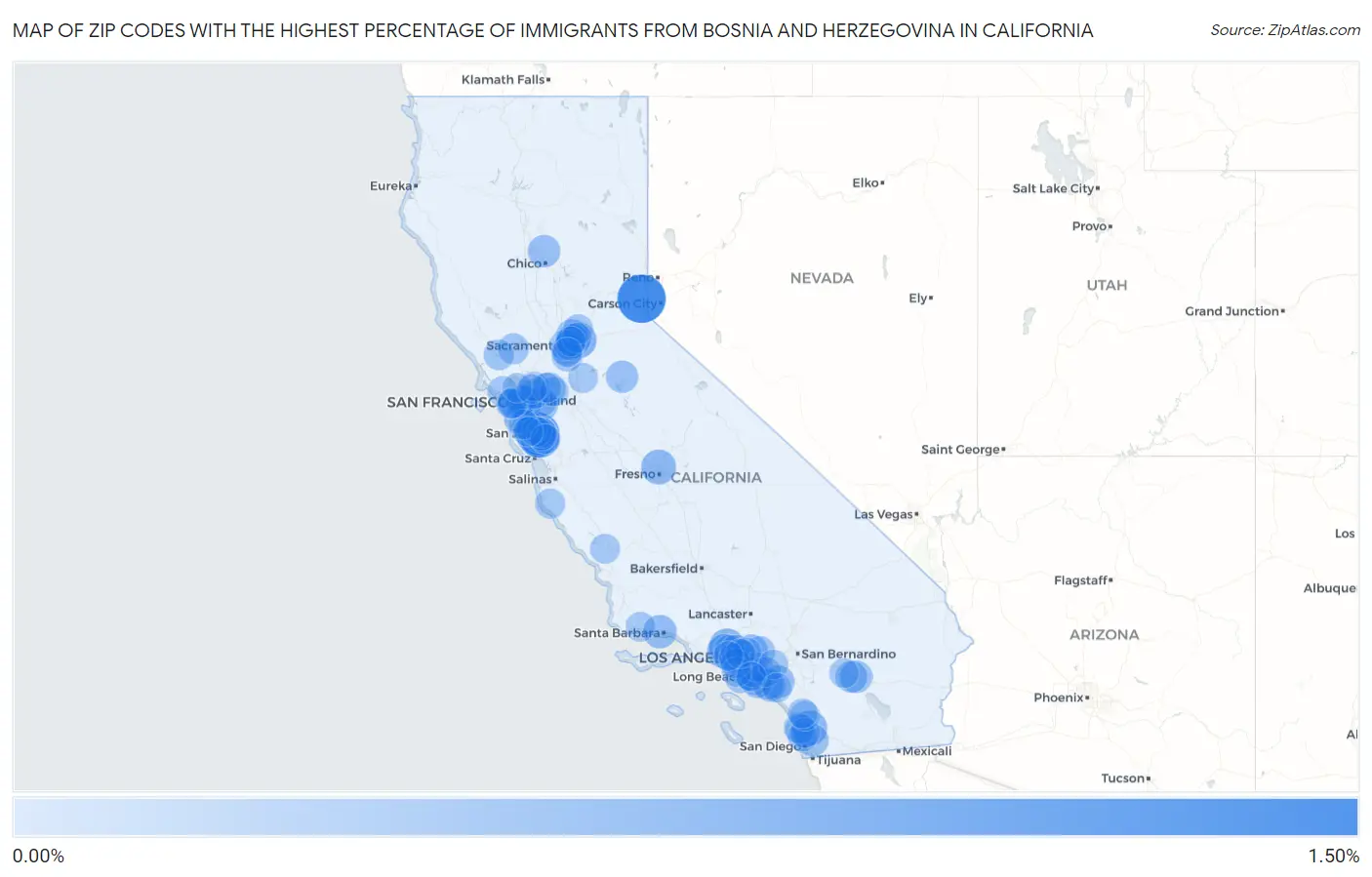 Zip Codes with the Highest Percentage of Immigrants from Bosnia and Herzegovina in California Map