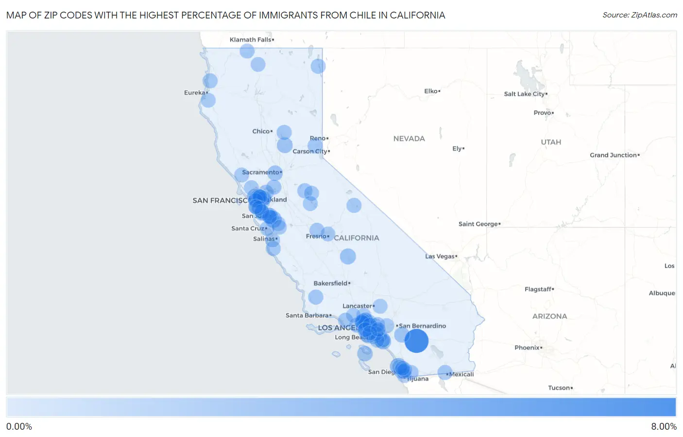 Zip Codes with the Highest Percentage of Immigrants from Chile in California Map
