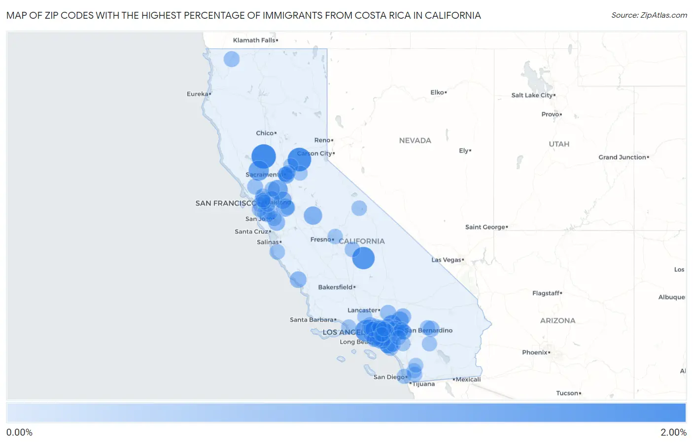 Zip Codes with the Highest Percentage of Immigrants from Costa Rica in California Map