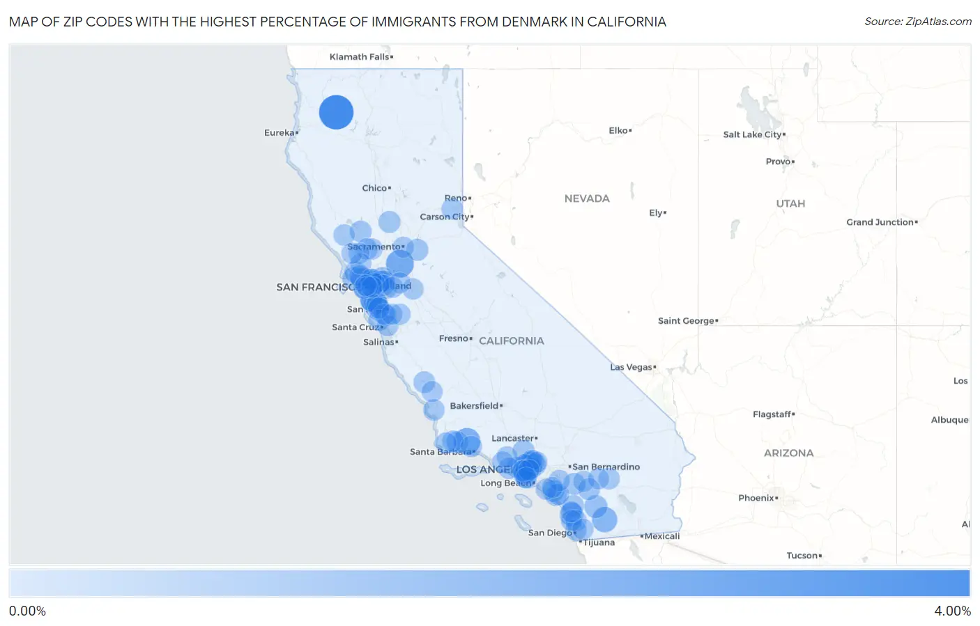 Zip Codes with the Highest Percentage of Immigrants from Denmark in California Map
