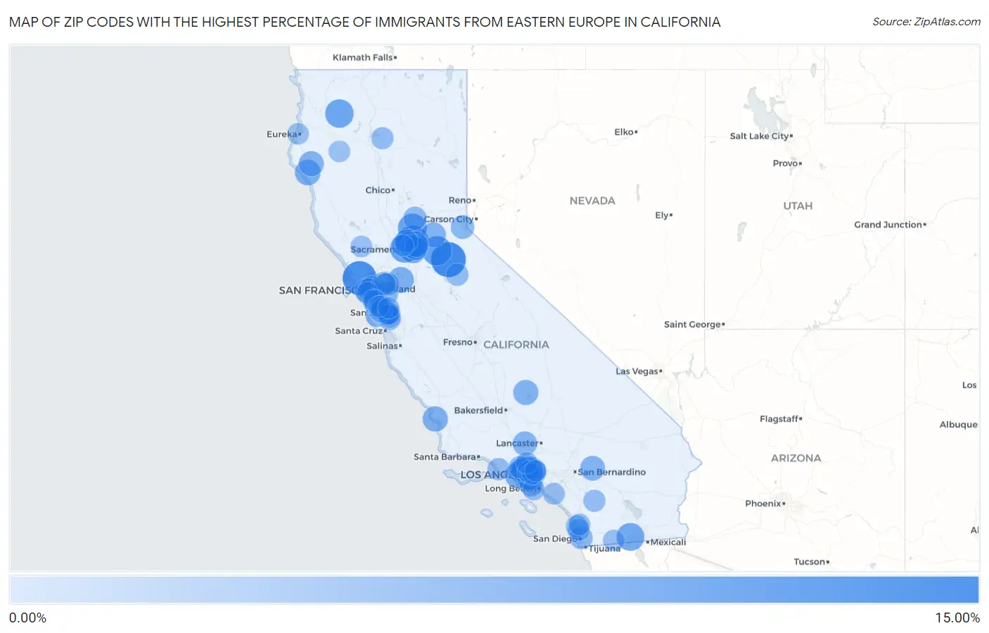 Zip Codes with the Highest Percentage of Immigrants from Eastern Europe in California Map