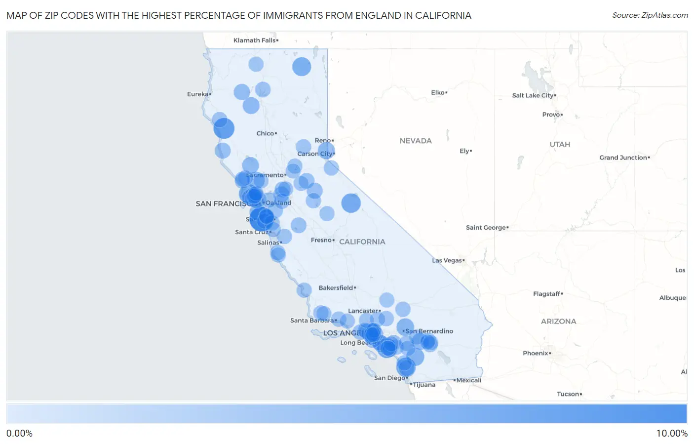 Zip Codes with the Highest Percentage of Immigrants from England in California Map