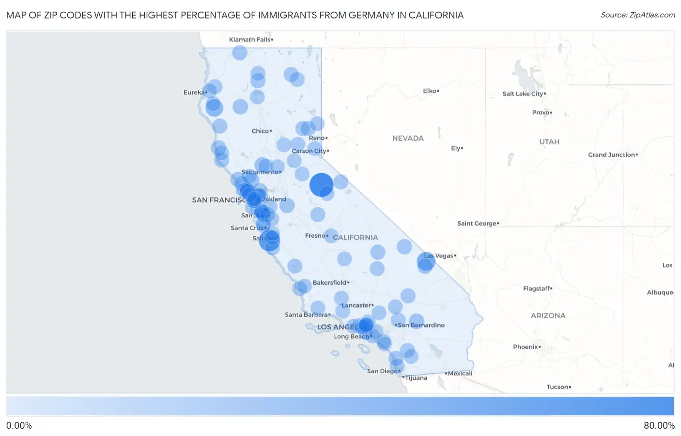 Zip Codes with the Highest Percentage of Immigrants from Germany in California Map
