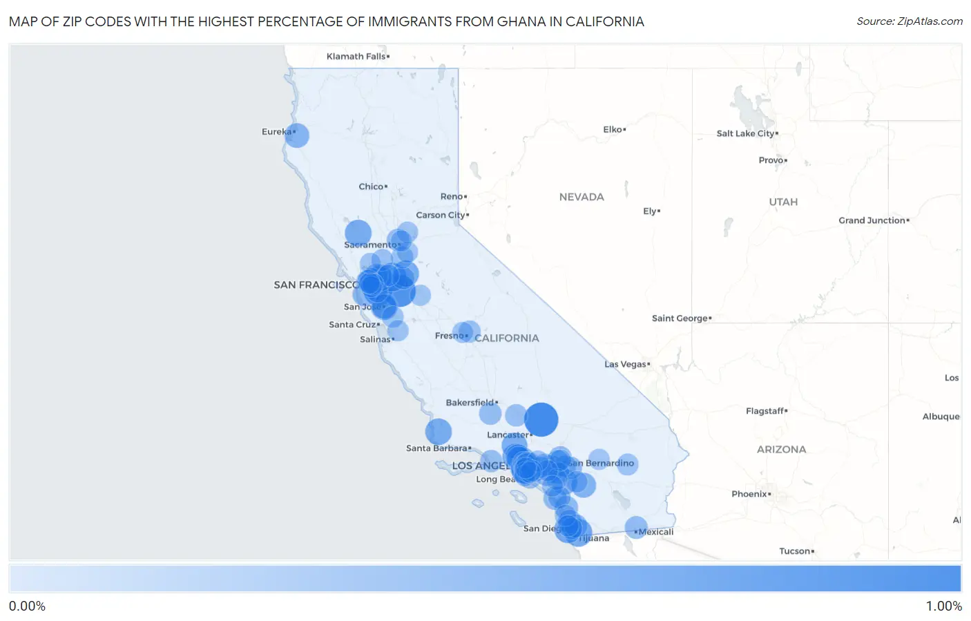 Zip Codes with the Highest Percentage of Immigrants from Ghana in California Map