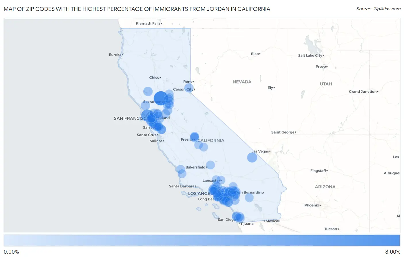 Zip Codes with the Highest Percentage of Immigrants from Jordan in California Map