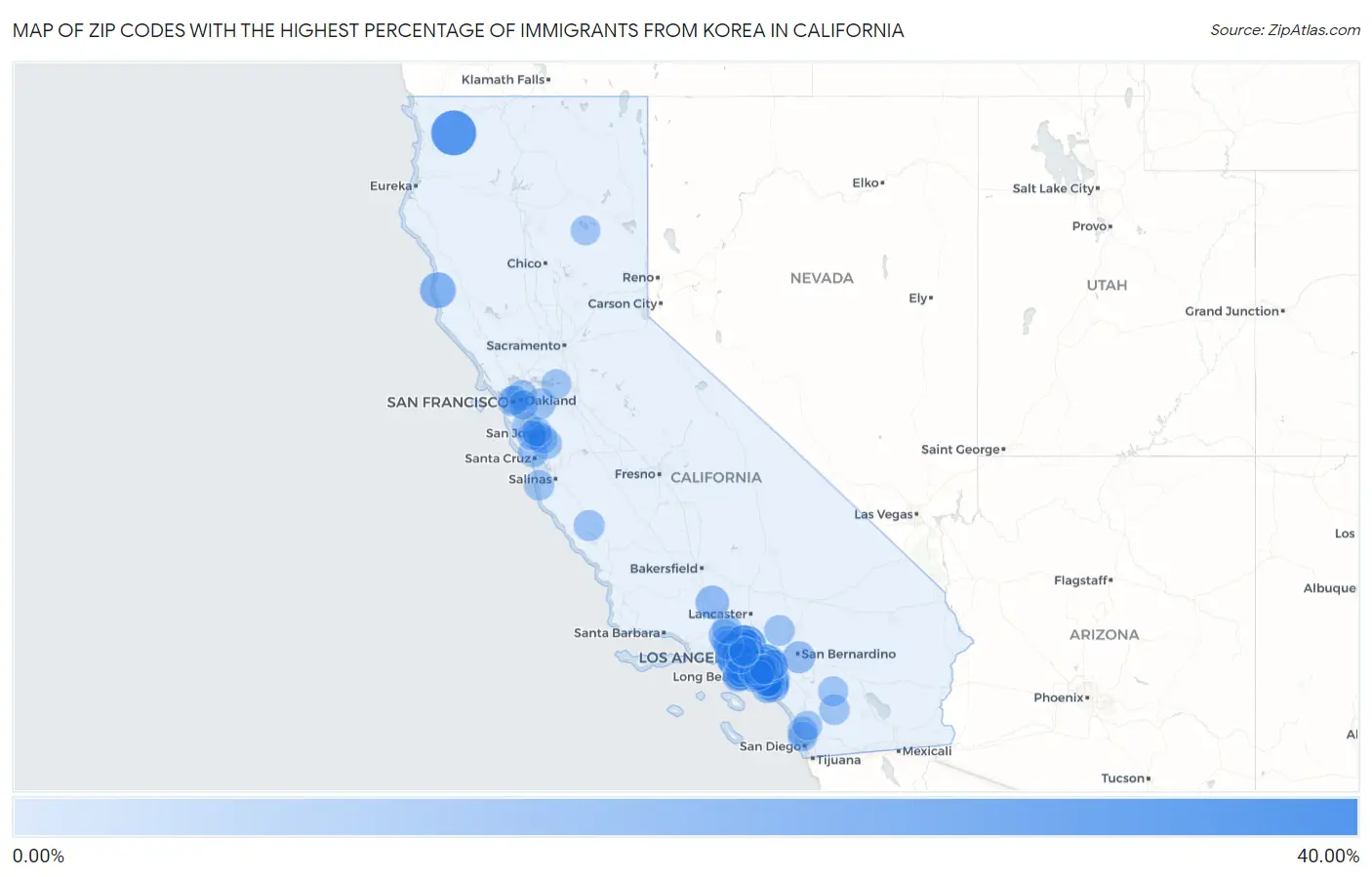 Zip Codes with the Highest Percentage of Immigrants from Korea in California Map