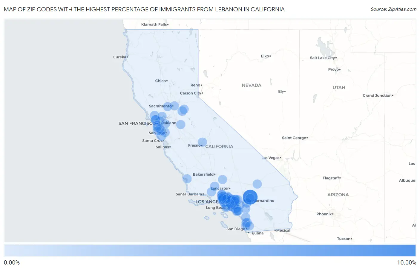 Zip Codes with the Highest Percentage of Immigrants from Lebanon in California Map