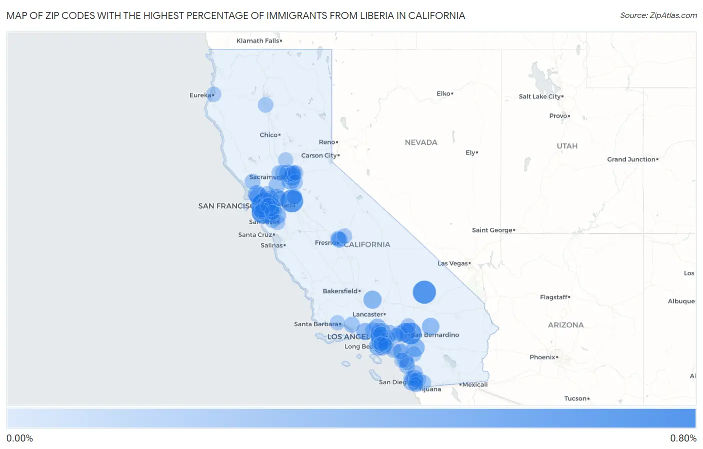 Zip Codes with the Highest Percentage of Immigrants from Liberia in California Map
