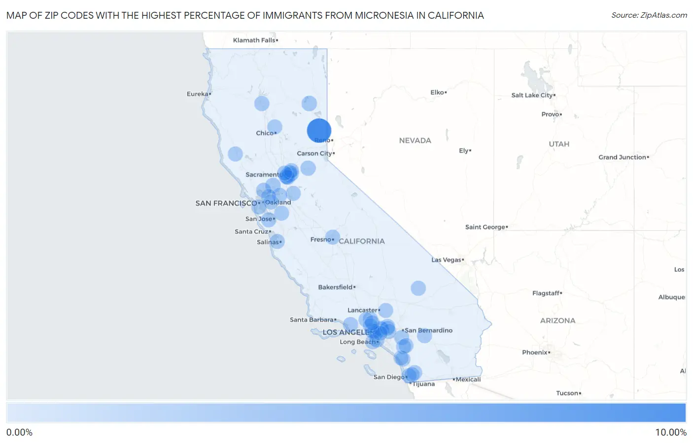 Zip Codes with the Highest Percentage of Immigrants from Micronesia in California Map