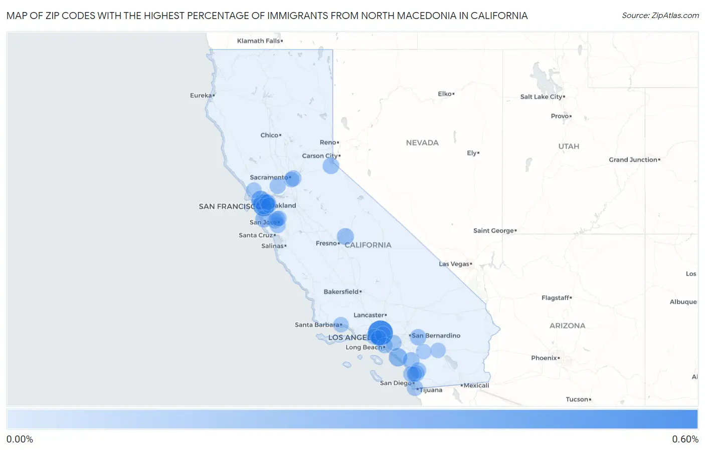Zip Codes with the Highest Percentage of Immigrants from North Macedonia in California Map