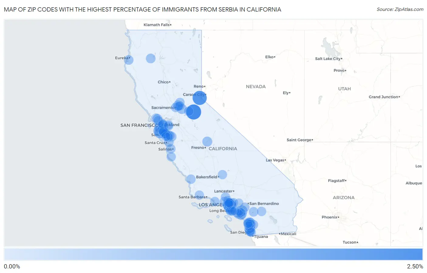 Zip Codes with the Highest Percentage of Immigrants from Serbia in California Map