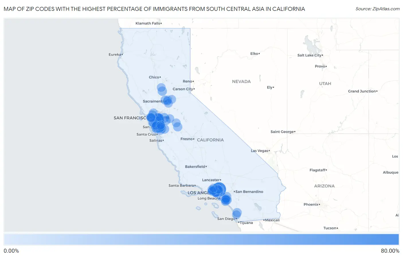 Zip Codes with the Highest Percentage of Immigrants from South Central Asia in California Map