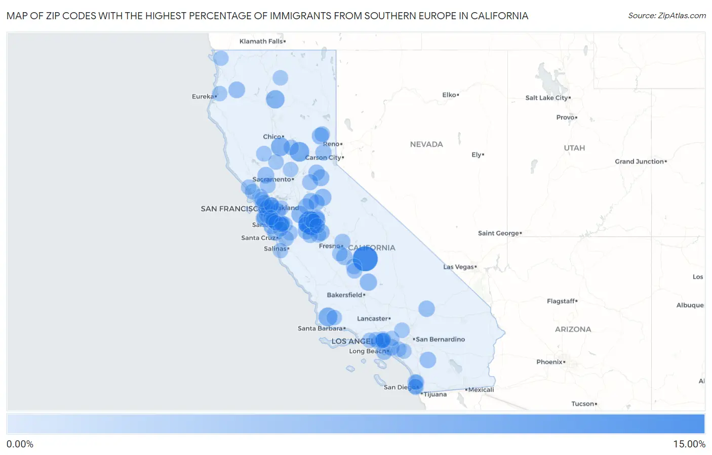 Zip Codes with the Highest Percentage of Immigrants from Southern Europe in California Map