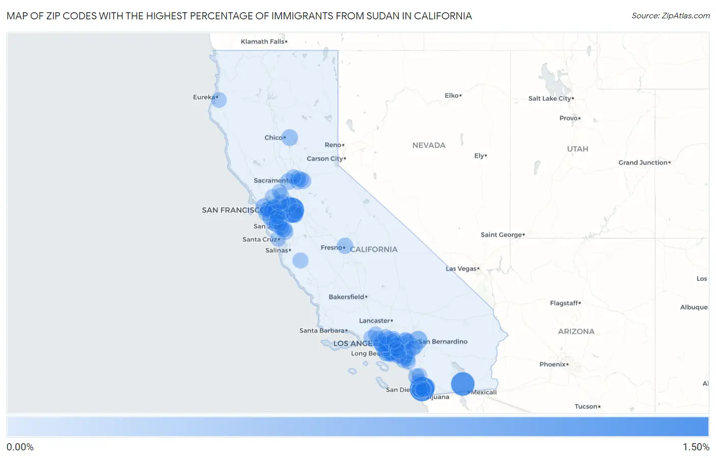 Zip Codes with the Highest Percentage of Immigrants from Sudan in California Map
