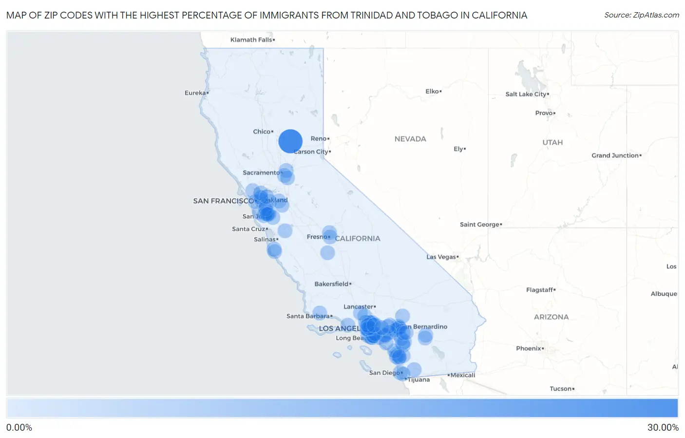 Zip Codes with the Highest Percentage of Immigrants from Trinidad and Tobago in California Map