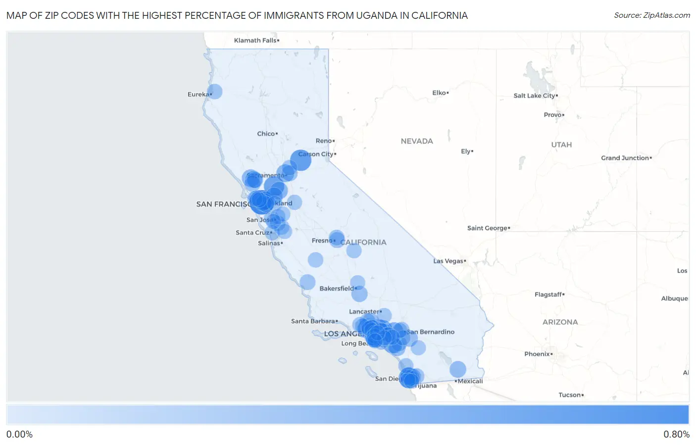 Zip Codes with the Highest Percentage of Immigrants from Uganda in California Map