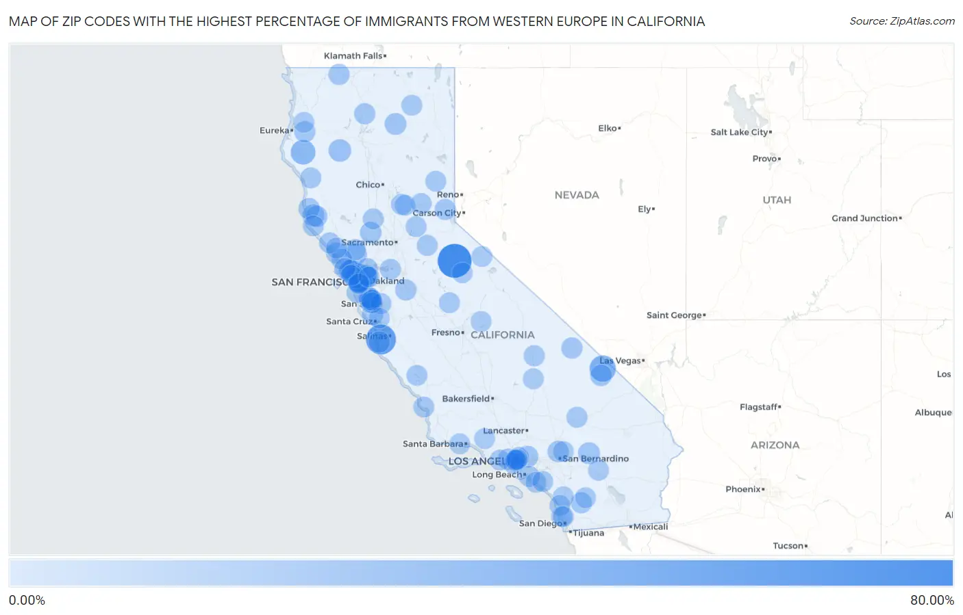 Zip Codes with the Highest Percentage of Immigrants from Western Europe in California Map