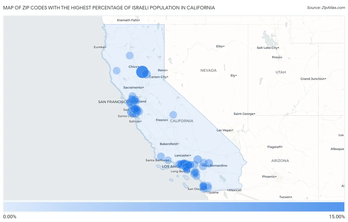 Zip Codes with the Highest Percentage of Israeli Population in California Map