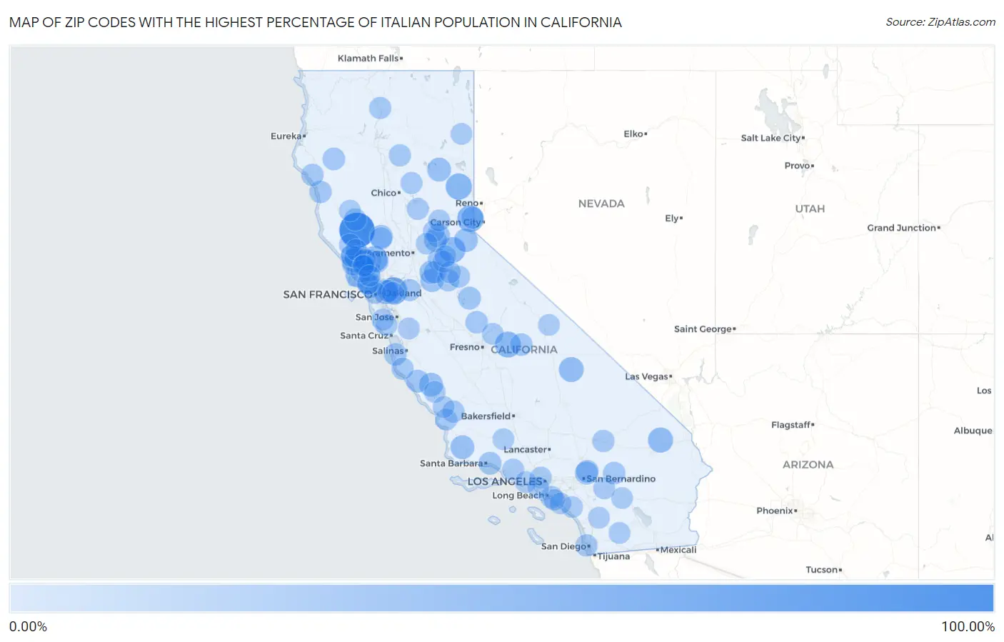 Zip Codes with the Highest Percentage of Italian Population in California Map