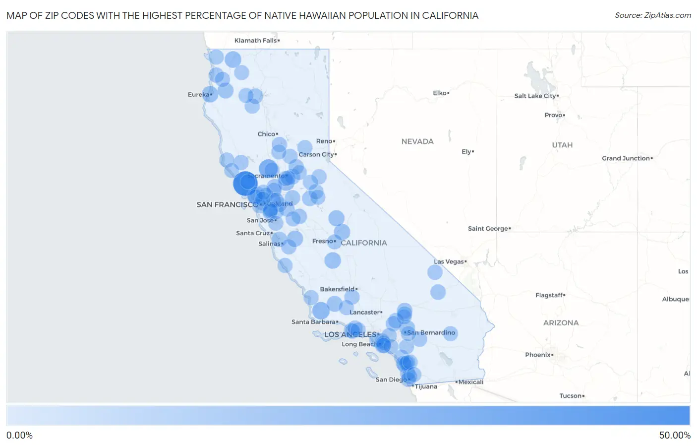 Zip Codes with the Highest Percentage of Native Hawaiian Population in California Map