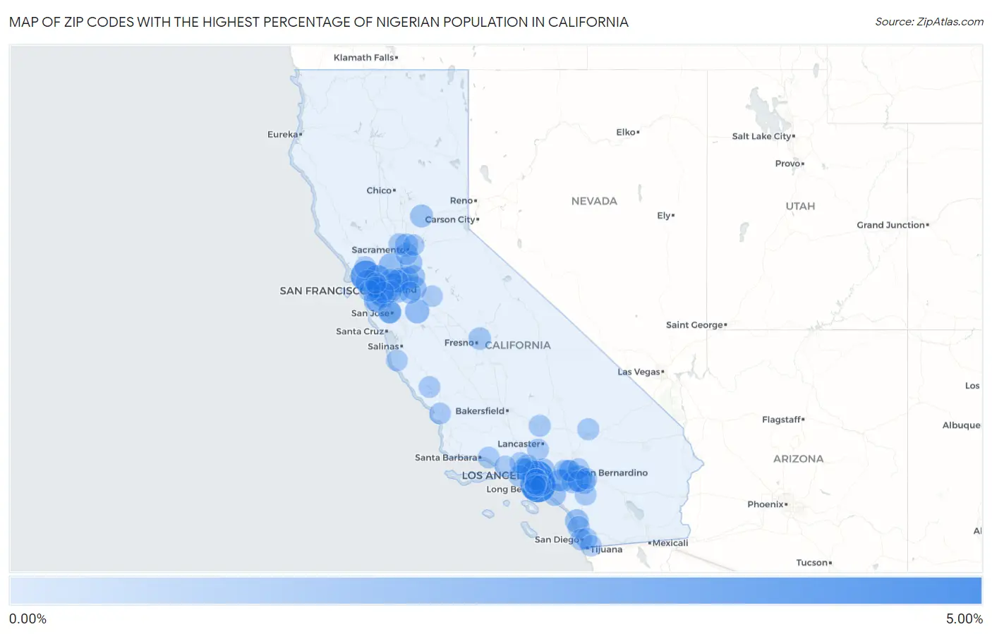 Zip Codes with the Highest Percentage of Nigerian Population in California Map