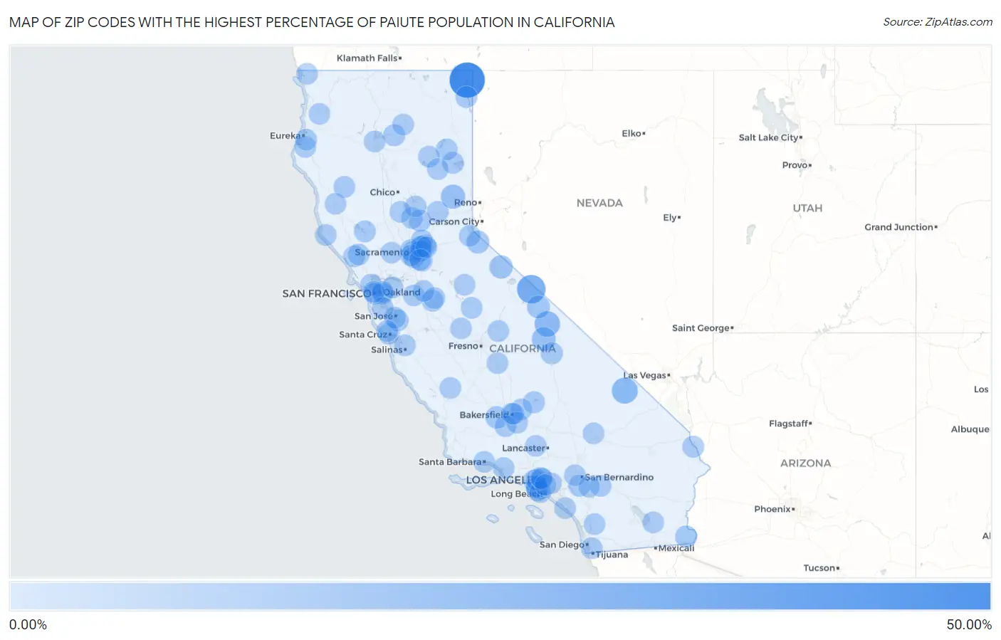 Zip Codes with the Highest Percentage of Paiute Population in California Map