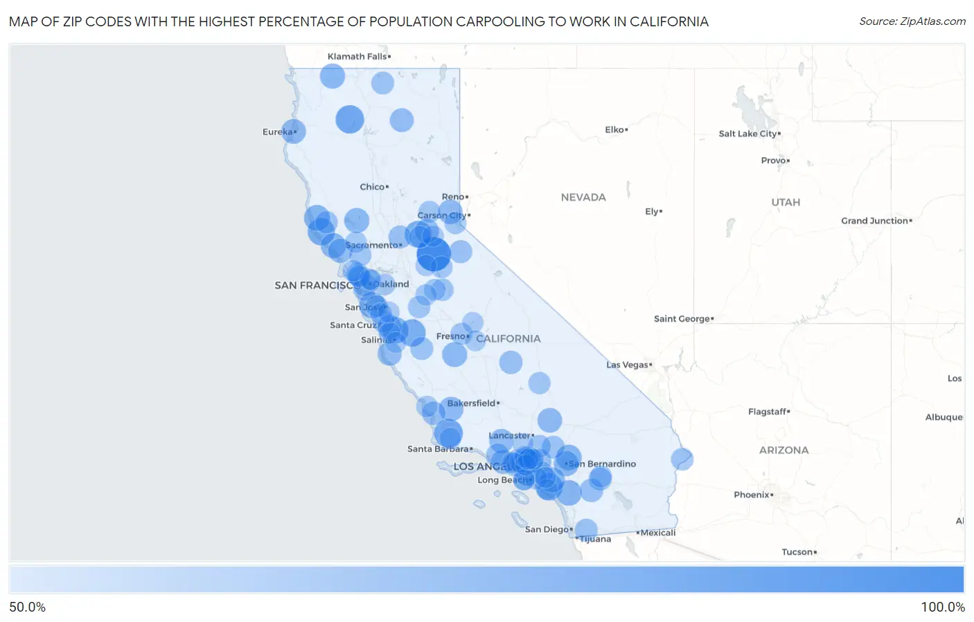 Zip Codes with the Highest Percentage of Population Carpooling to Work in California Map